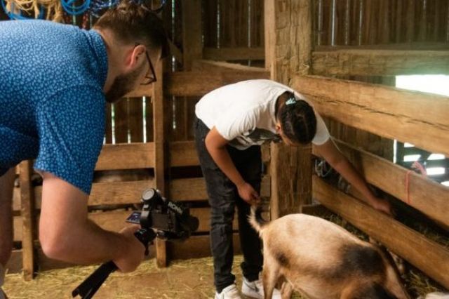 Two guys in a barn videoing a goat and possibly feeding it