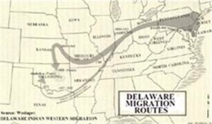 Map of the eastern US showing the Delaware migration route from Pennsylvania to Oklahoma